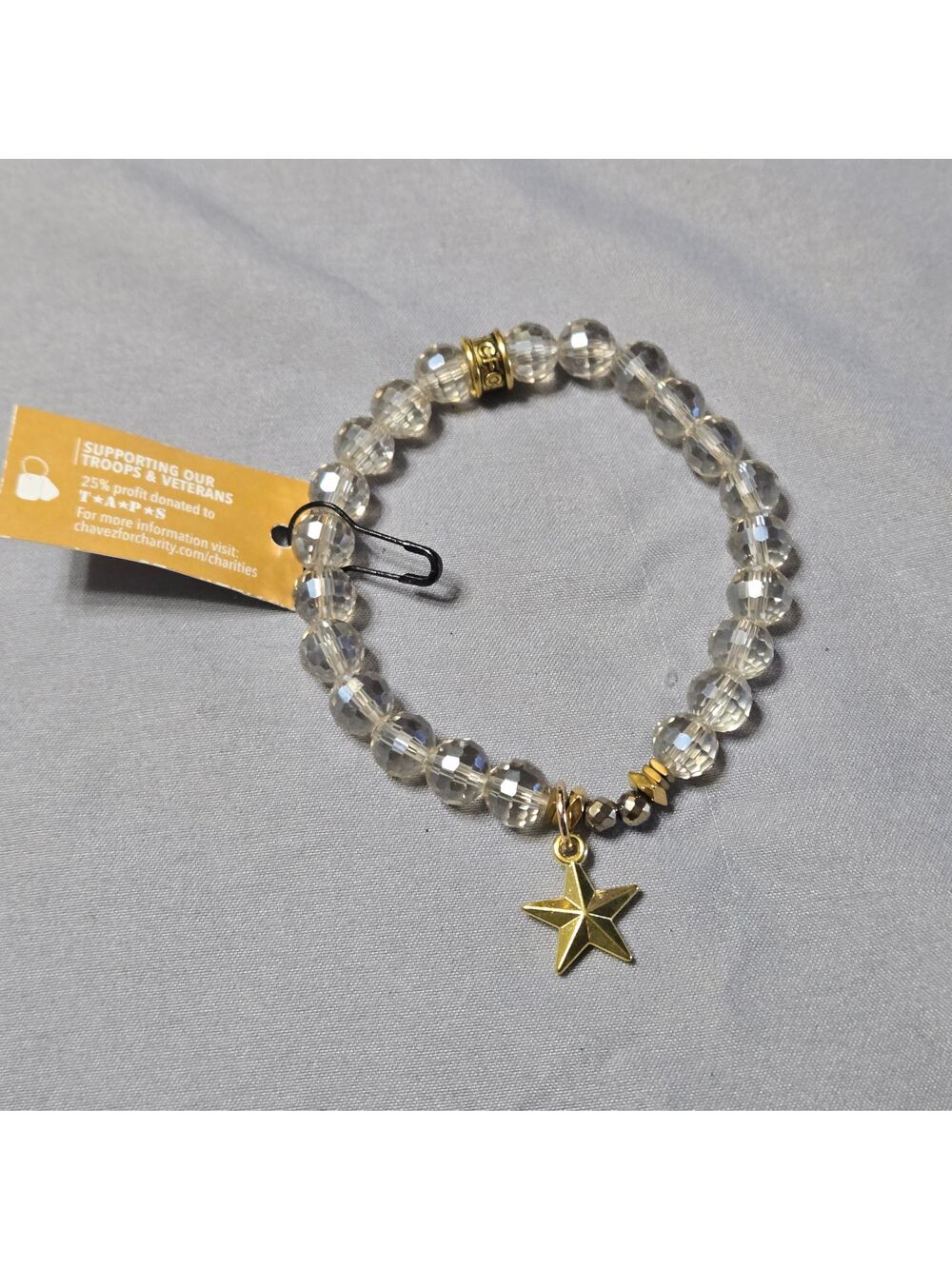 Chavez for Charity Clear Faceted Bead Stretch Bracelet Gold Star TAPS